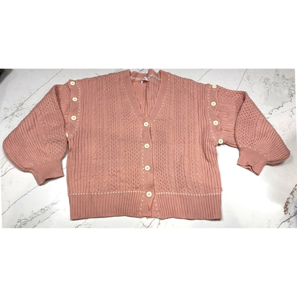 Pink Cable Knit Button Up Cardigan‎ Sweater Size S Removeable Puff Sleeves